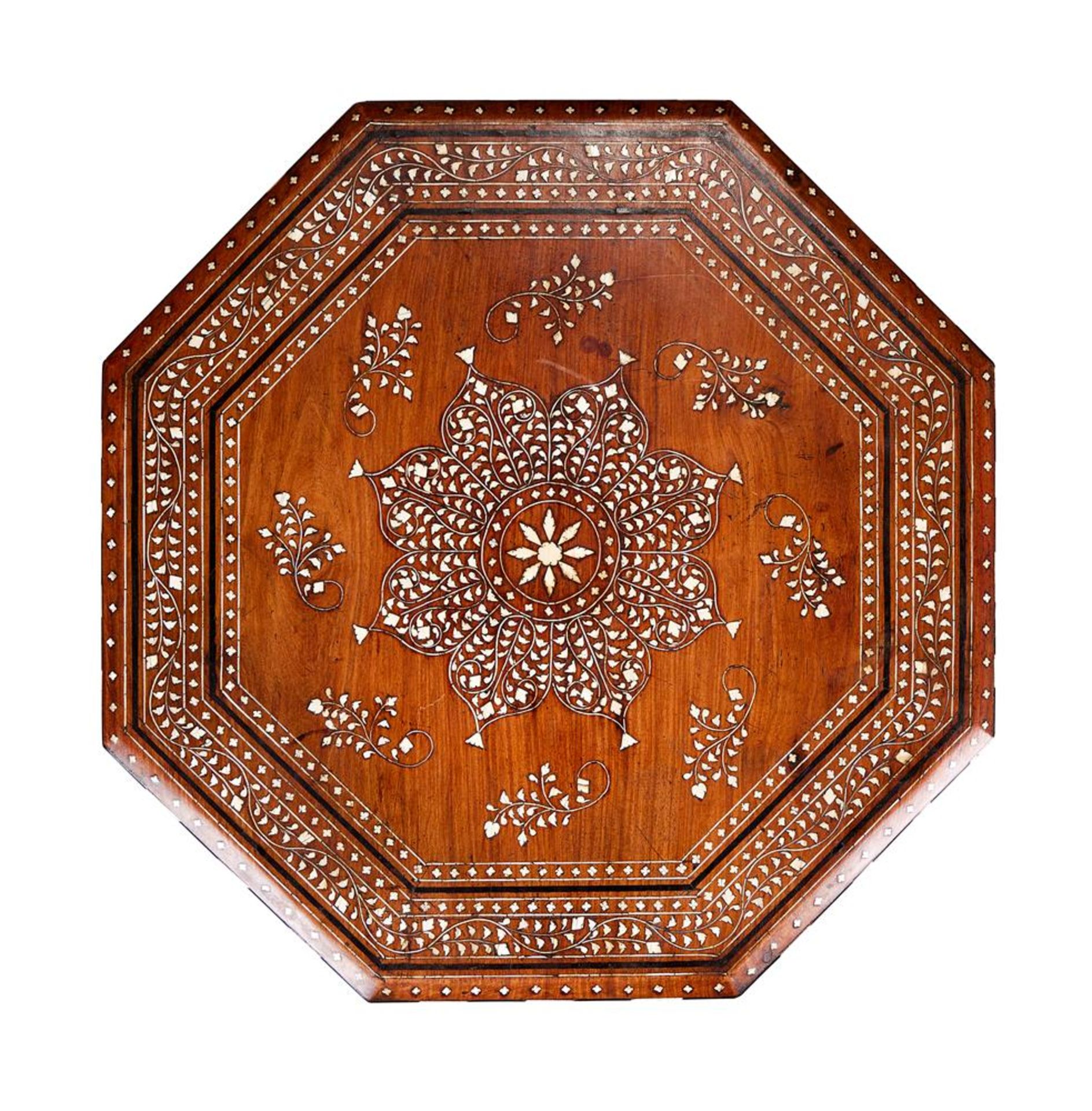 Y AN INDIAN CAMEL BONE AND IVORY INLAID OCTAGONAL TABLE, HOSHIARPUR, CIRCA 1900