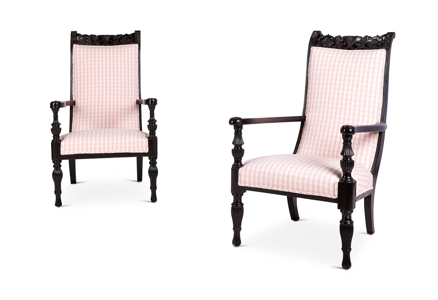 Y A MATCHED PAIR OF ANGLO-INDIAN EBONY OPEN ARMCHAIRS, SECOND HALF 19TH CENTURY