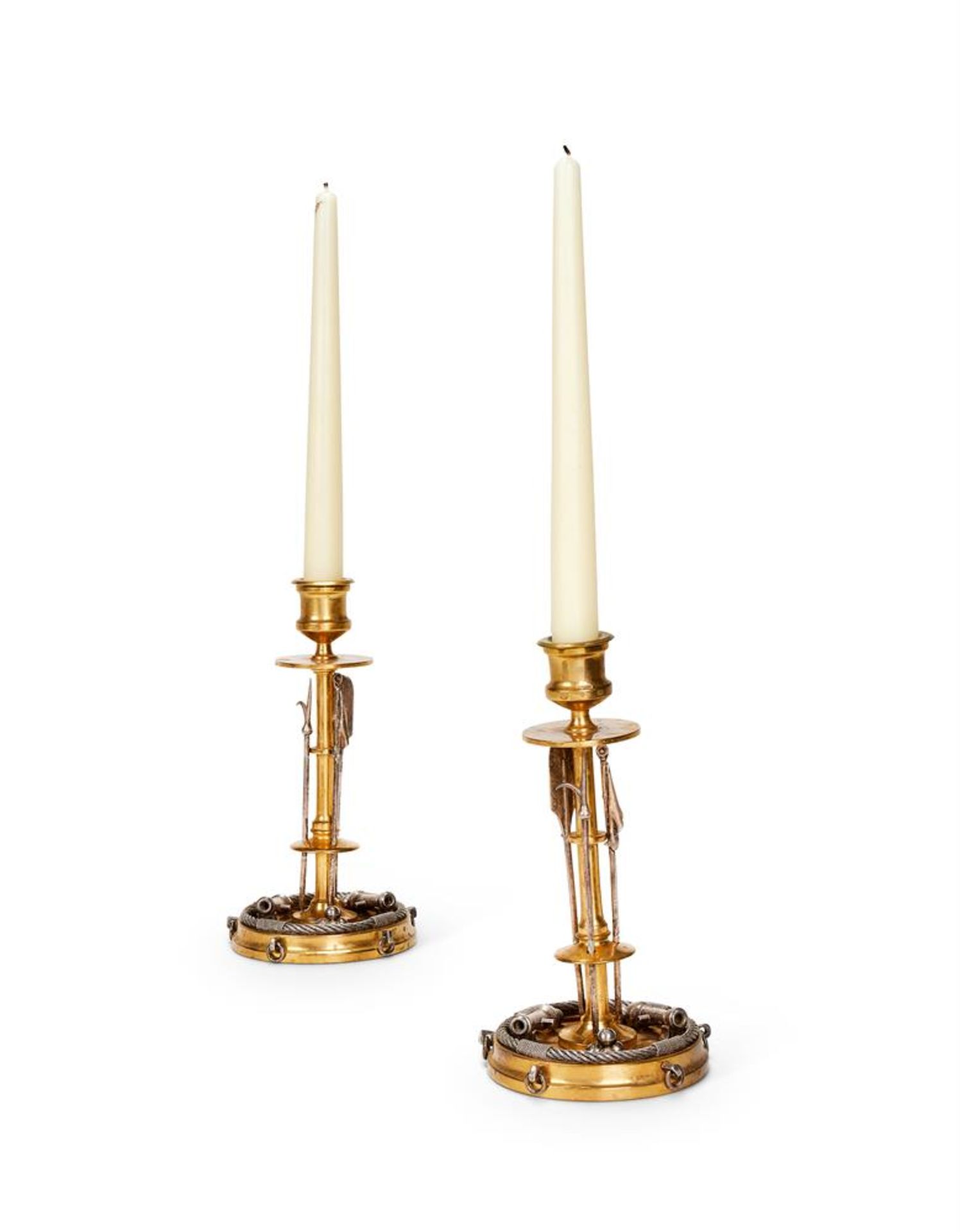 AN UNUSUAL PAIR OF GILT BRONZE AND SILVERED 'MARTIAL' CANDLESTICKS BY ANTONIO IUDICE