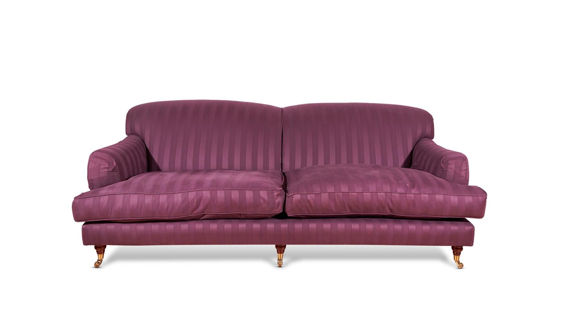 A PAIR OF PURPLE COTTON UPHOLSTERED SOFAS PROBABLY BY GEORGE SMITH LTD - Image 2 of 2