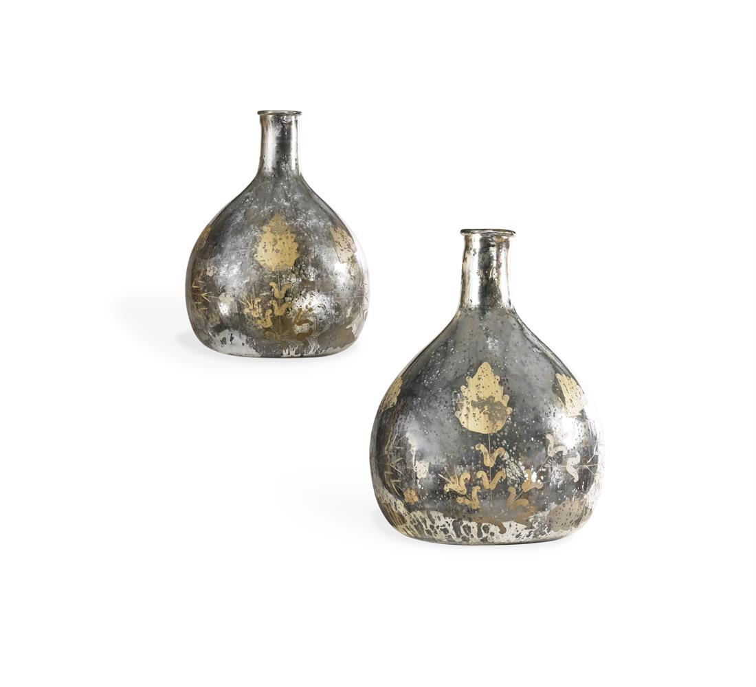 A SIMILAR PAIR OF ETCHED GLASS BOTTLE VASES