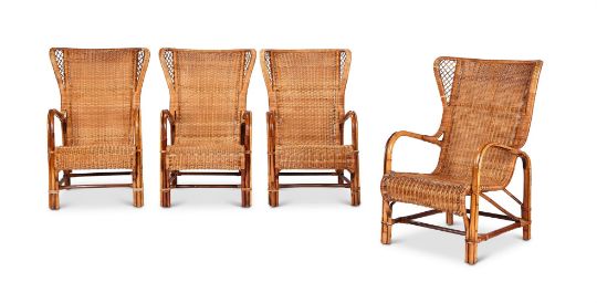 A SET OF FOUR RATTAN OPEN ARMCHAIRS ATTRIBUTED TO EUGENIA ALBERTO REGGIO MANUFACTURED BY CICERI