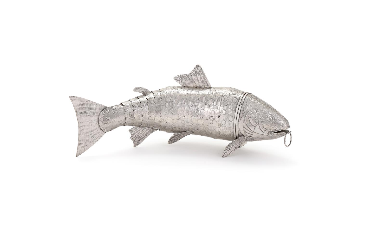 A SILVER COLOURED ARTICULATED MODEL OF A SALMON, UNMARKED, 20TH CENTURY