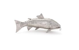 A SILVER COLOURED ARTICULATED MODEL OF A SALMON, UNMARKED, 20TH CENTURY