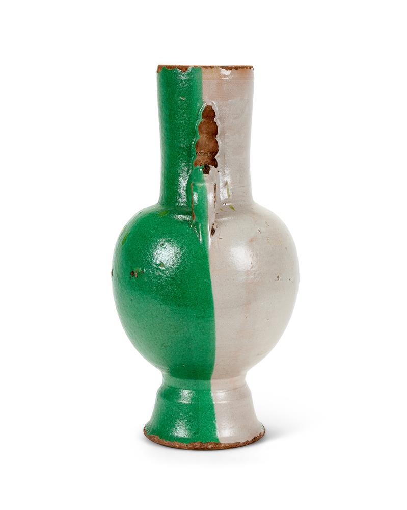 A GREEN AND WHITE GLAZED RED POTTERY TWO-HANDLED VASE SOUTHERN FRENCH OR MORROCAN, MODERN - Image 2 of 2