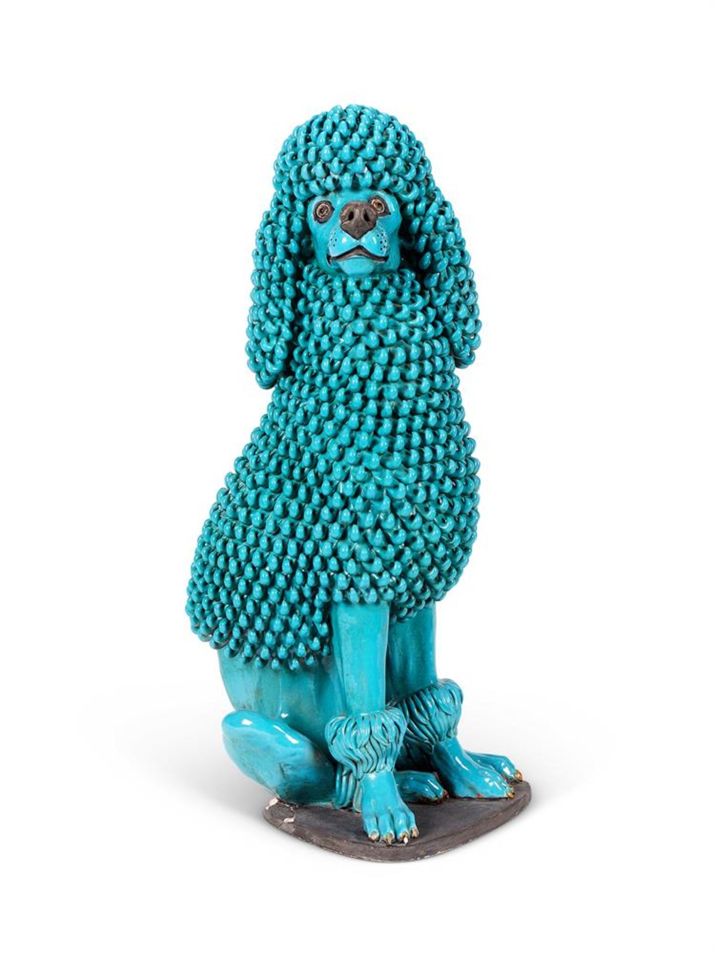 A LIFE-SIZED BLUE GLAZED RED POTTERY POODLE, ITALIAN