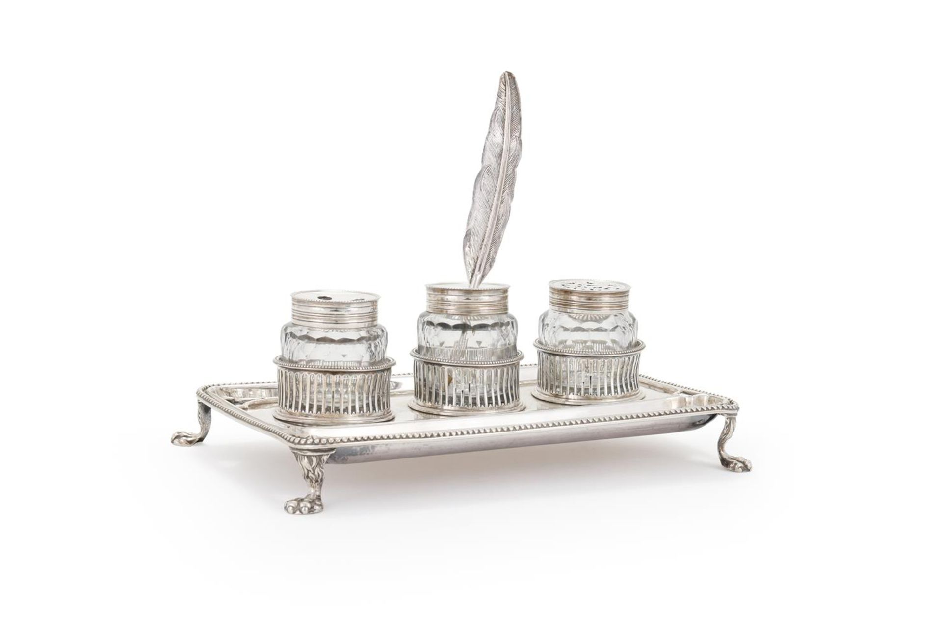 A GEORGE III SILVER OBLONG INKSTAND