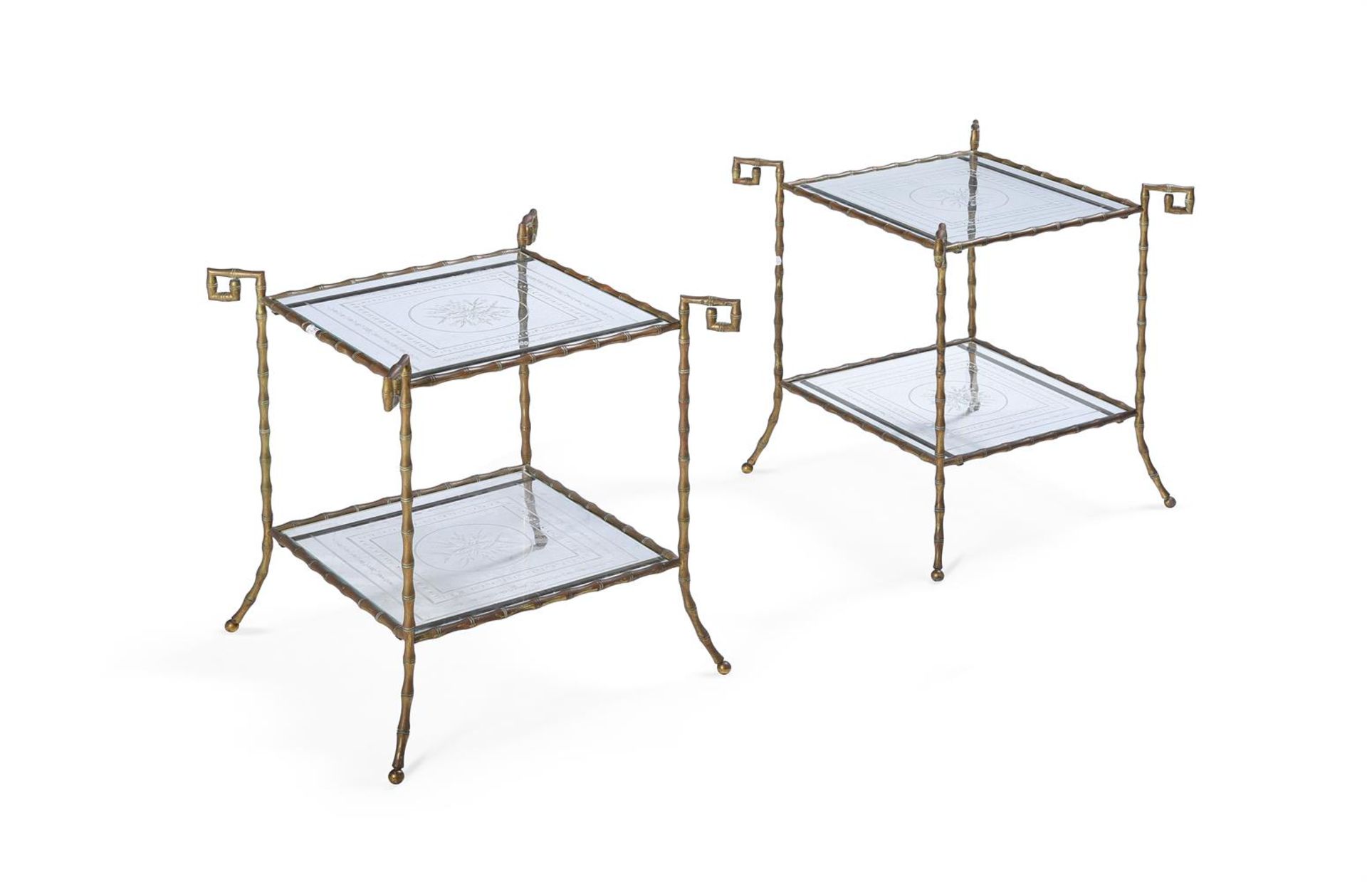 A PAIR OF BRASS AND GLASS SIMULATED BAMBOO TWO-TIER TABLES, CIRCA 1960's