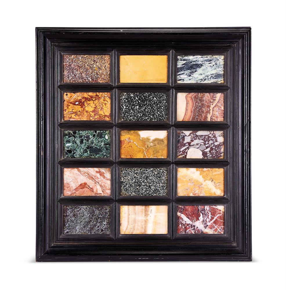 A FRAMED SET OF GRAND TOUR SPECIMEN MARBLES, 19TH CENTURY