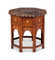 Y AN INDIAN CAMEL BONE IVORY, EBONY AND SILVERED WIRE INLAID HARDWOOD OCTAGONAL TABLE