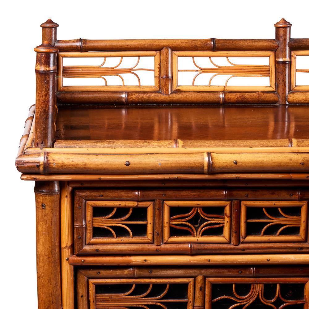 A BAMBOO, RATTAN, WALNUT AND PART EBONISED 'CHINOISERIE' BREAKFRONT SIDE CABINET - Image 3 of 5