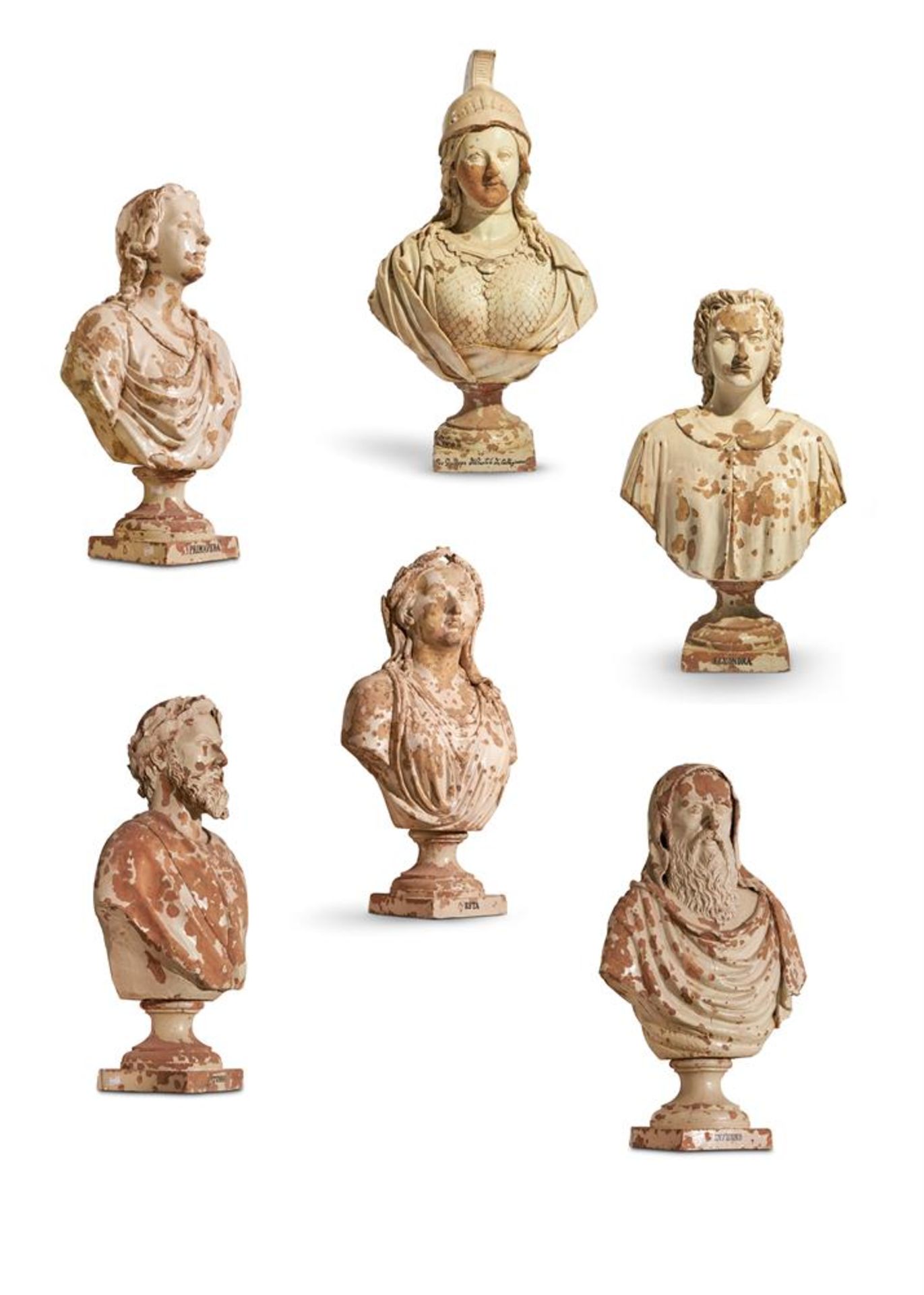 A SET OF SIX ITALIAN GLAZED TERRACOTTA BUSTS, MID-19TH CENTURY