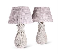 A PAIR OF WHITE CERAMIC PINEAPPLE LAMP BASES, MODERN