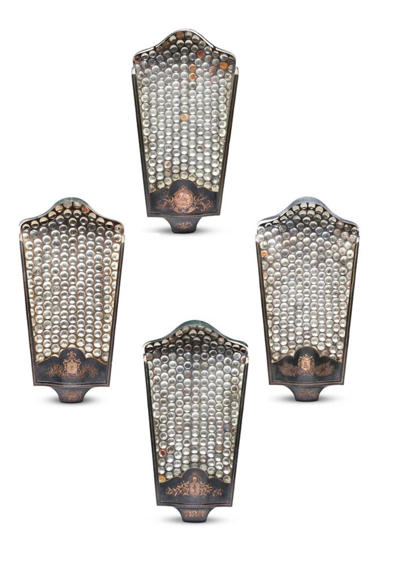 A SET OF FOUR TOLE PEINTE AND MIRROR BACK WALL SCONCES CONTINENTAL, MID 20TH CENTURY