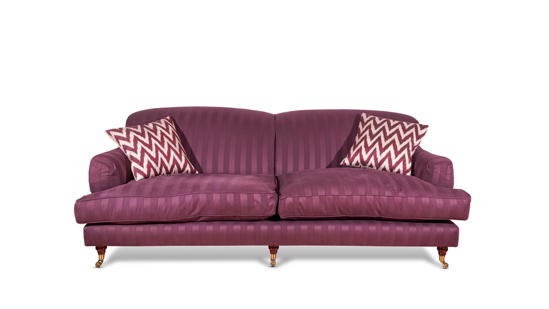 A PAIR OF PURPLE COTTON UPHOLSTERED SOFAS PROBABLY BY GEORGE SMITH LTD