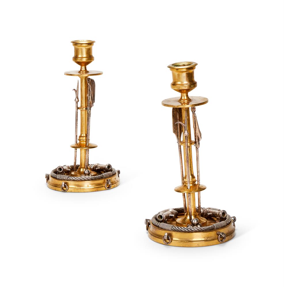 AN UNUSUAL PAIR OF GILT BRONZE AND SILVERED 'MARTIAL' CANDLESTICKS BY ANTONIO IUDICE - Image 2 of 2