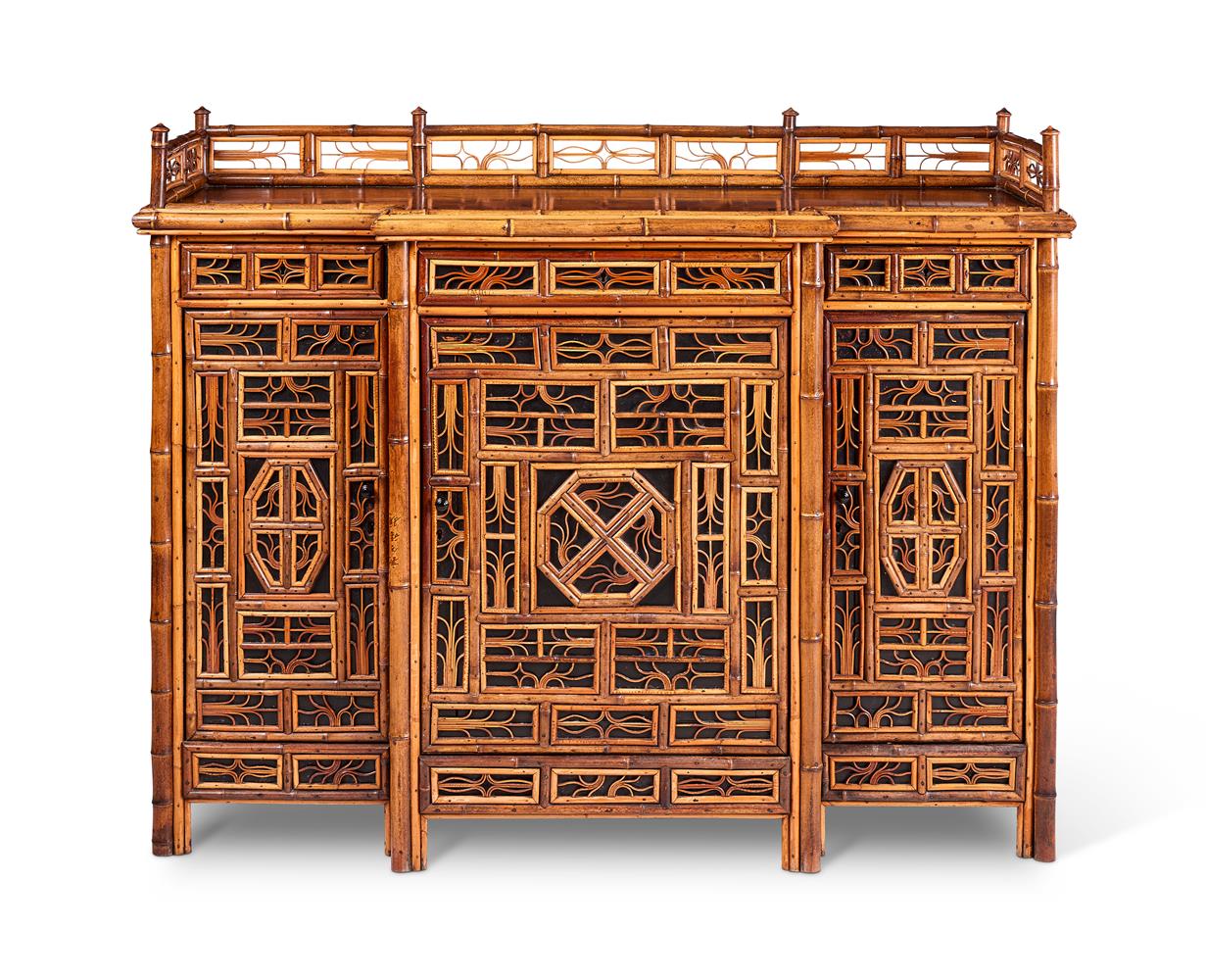 A BAMBOO, RATTAN, WALNUT AND PART EBONISED 'CHINOISERIE' BREAKFRONT SIDE CABINET