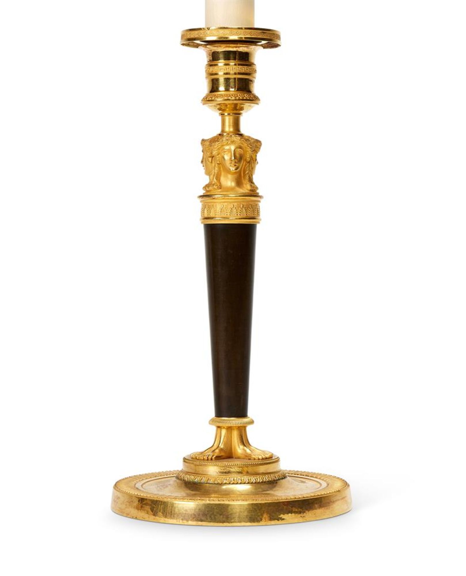 A PAIR OF EMPIRE GILT AND PATINATED BRONZE CANDLESTICKS, AFTER GALLE AND PERCIER - Image 2 of 2