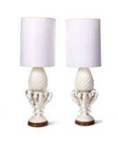 A PAIR OF CREAM GLAZED POTTERY PINEAPPLE FORM LAMPS, MODERN