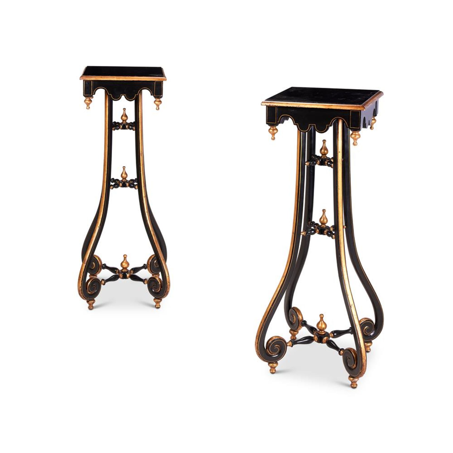 A PAIR OF GILT-DECORATED EBONISED STANDS IN THE NAPOLEON III STYLE, 20TH CENTURY