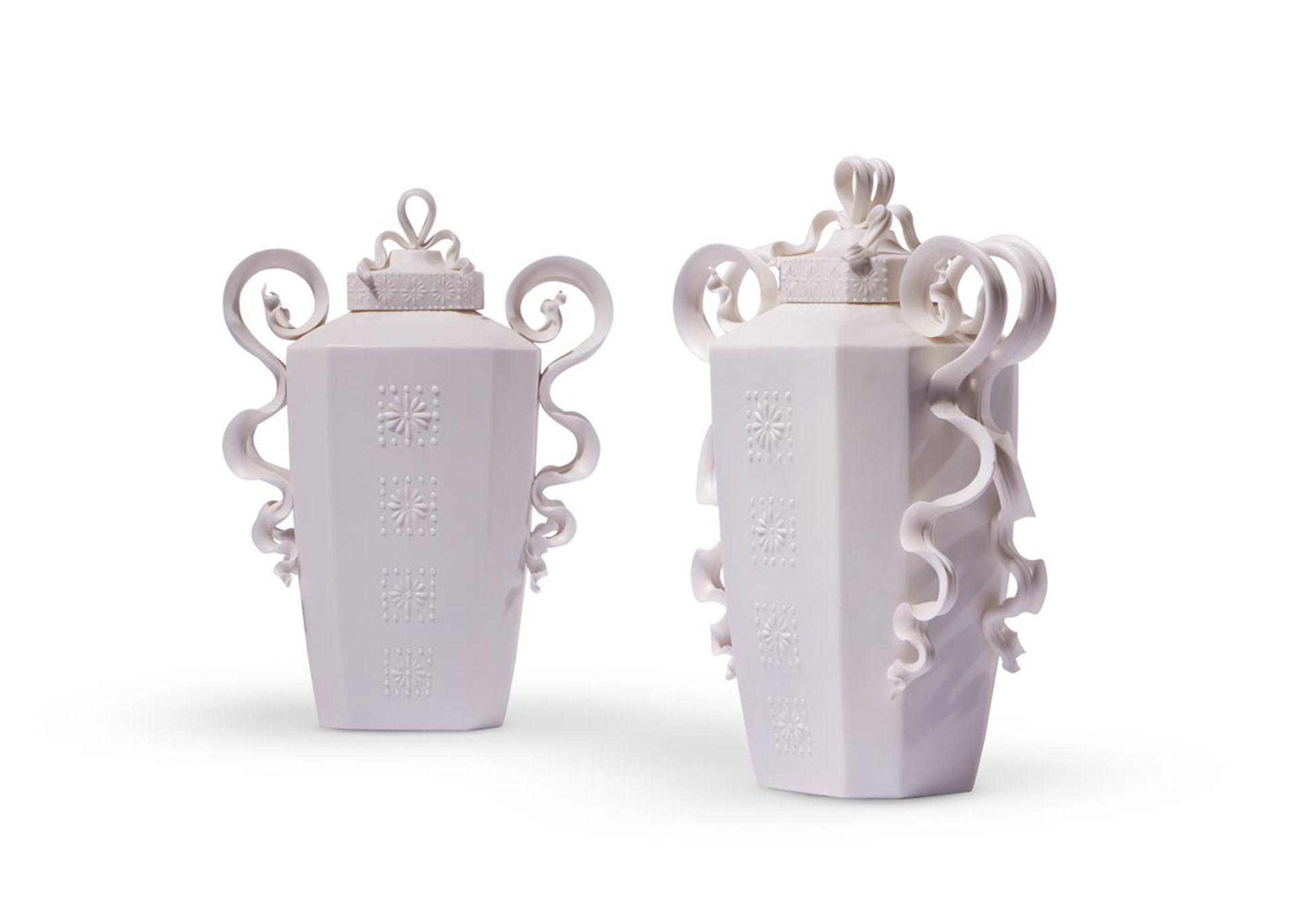 A PAIR OF BISCUIT PORCELAIN RIBBON VASES BY ANDRE DUBREUIL (1951- 2022) - Image 2 of 5