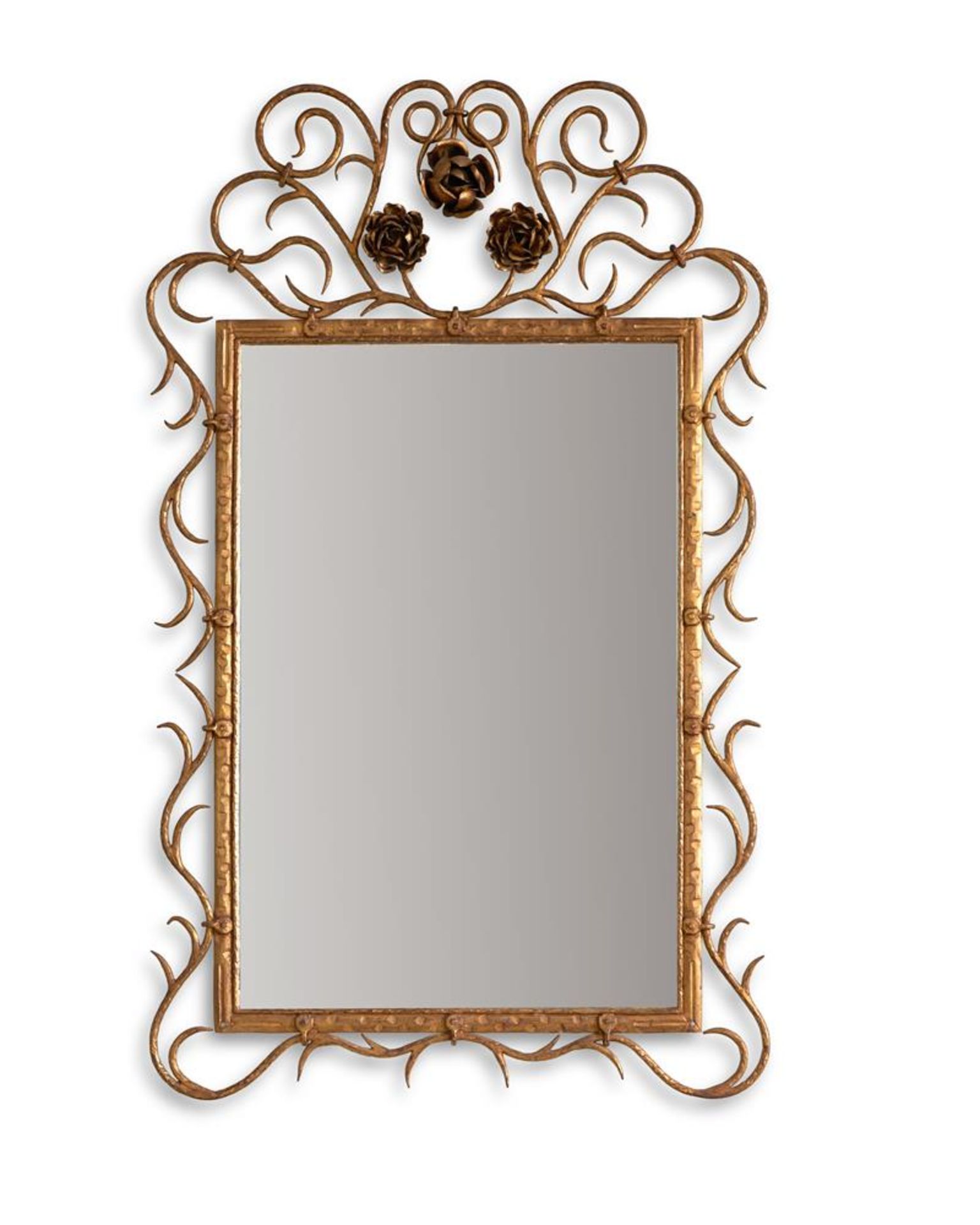 A GILDED WROUGHT IRON MIRROR, 20TH CENTURY
