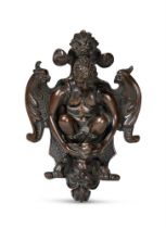 AN ITALIAN BRONZE DOOR KNOCKER WITH SATYR, 17TH CENTURY