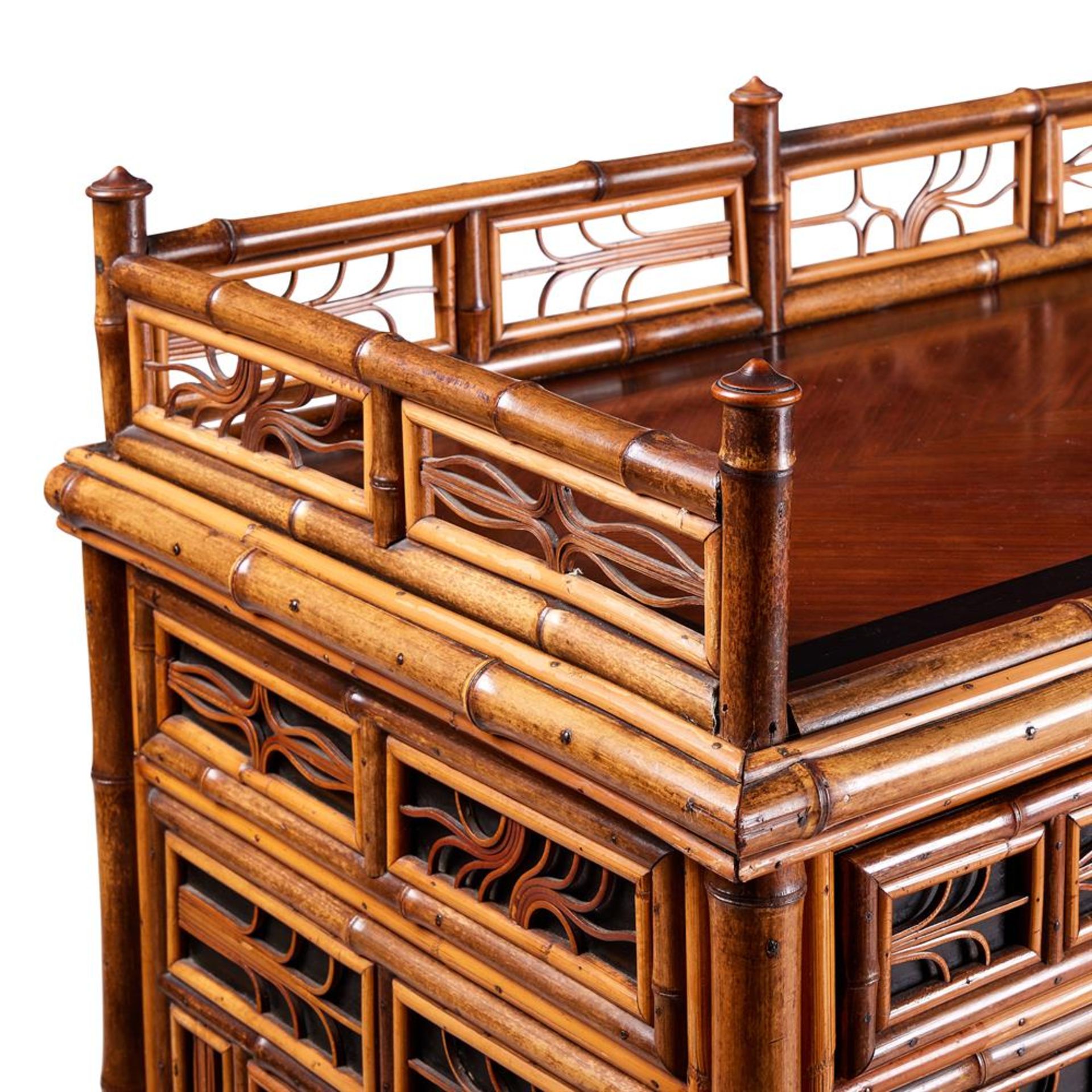 A BAMBOO, RATTAN, WALNUT AND PART EBONISED 'CHINOISERIE' BREAKFRONT SIDE CABINET - Image 4 of 5