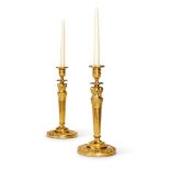 A VERY NEAR PAIR OF FRENCH GILT AND PATINATED BRONZE CANDLESTICKS AFTER GALLE AND PERCIER MID 19TH