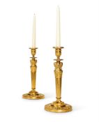 A VERY NEAR PAIR OF FRENCH GILT AND PATINATED BRONZE CANDLESTICKS AFTER GALLE AND PERCIER MID 19TH