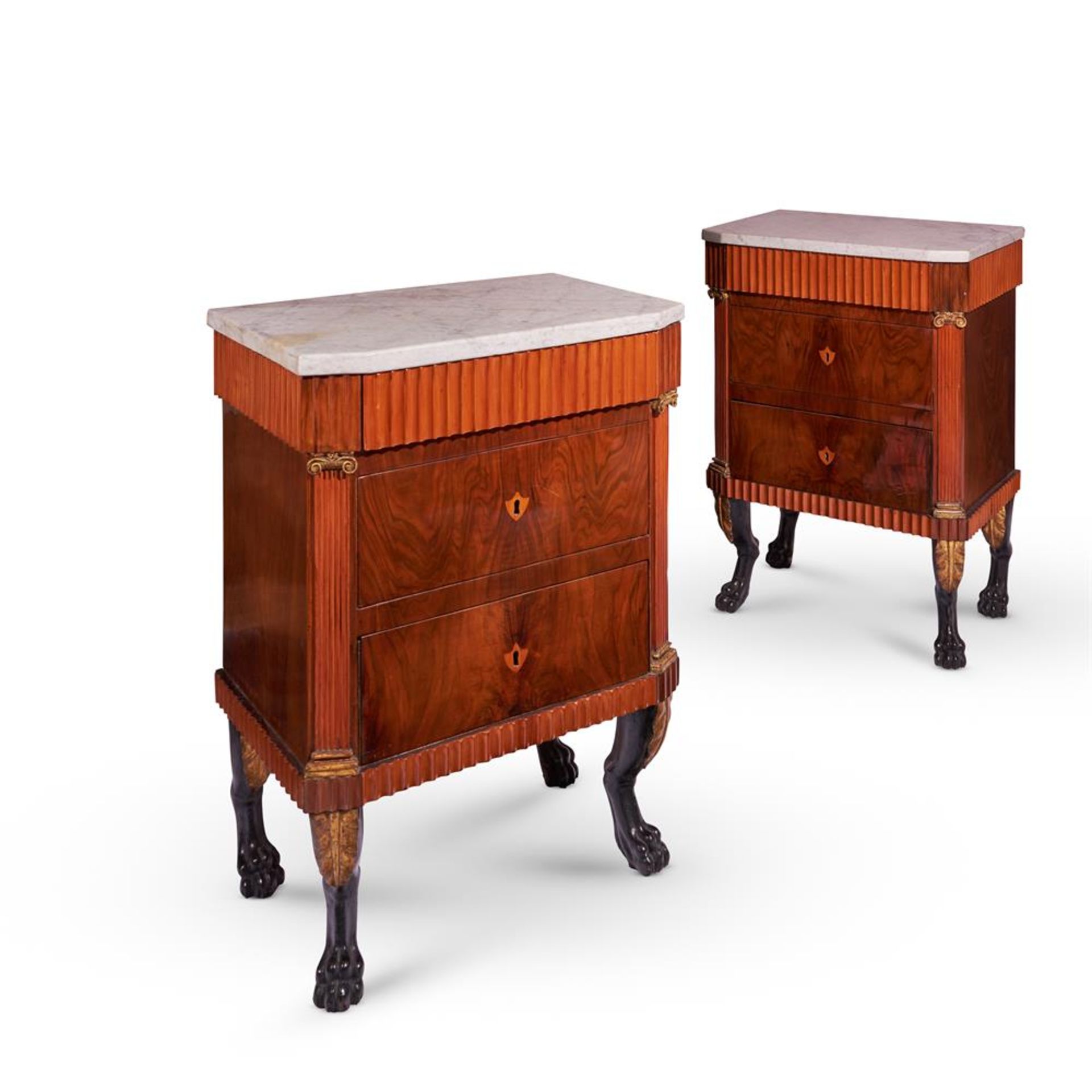 A PAIR OF ITALIAN PARCEL GILT, FRUITWOOD AND WALNUT BEDSIDE CHESTS