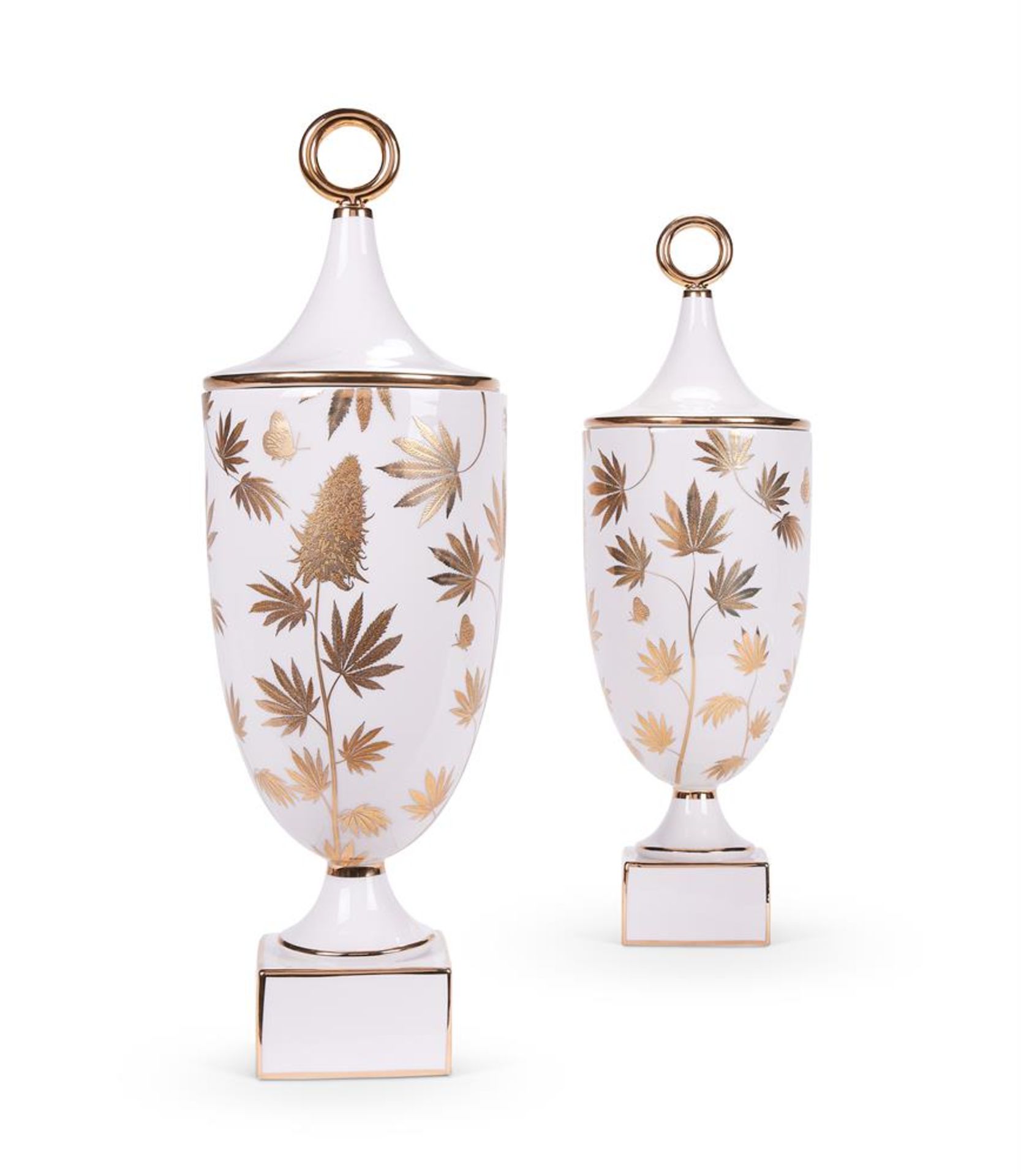 A PAIR OF PORCELAIN BOTANIST GANJA URNS AND COVERS FOR JONATHAN ADLER