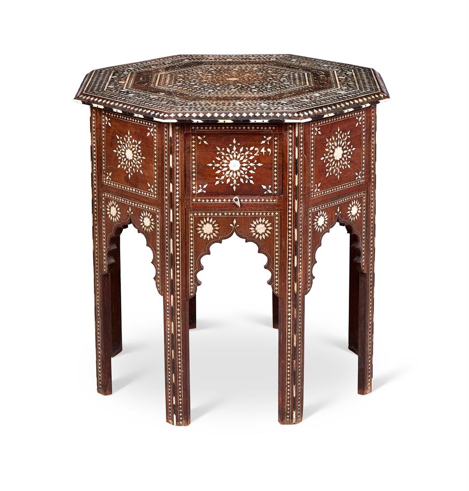 Y AN INDIAN CAMEL BONE , IVORY AND EBONY INLAID HARDWOOD OCTAGONAL TABLE