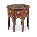 Y AN INDIAN CAMEL BONE , IVORY AND EBONY INLAID HARDWOOD OCTAGONAL TABLE