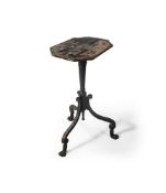 A REGENCY EBONISED, GILT METAL MOUNTED AND CHINOISERIE DECORATED ADJUSTABLE OCCASIONAL TABLE