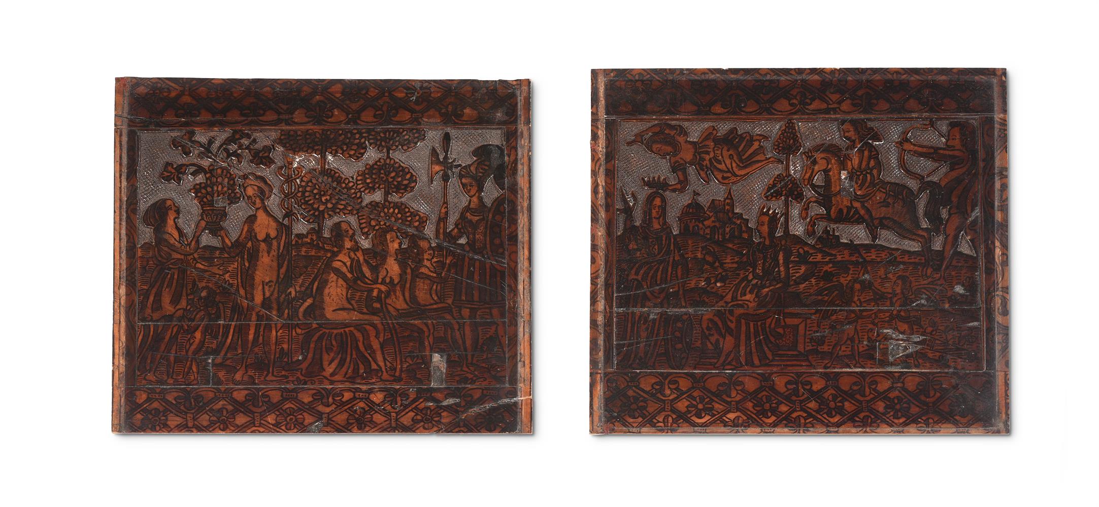 TWO NORTH ITALIAN CEDAR, POKERWORK AND PENWORK DECORATED PANELS, ADIGE, 17TH CENTURY