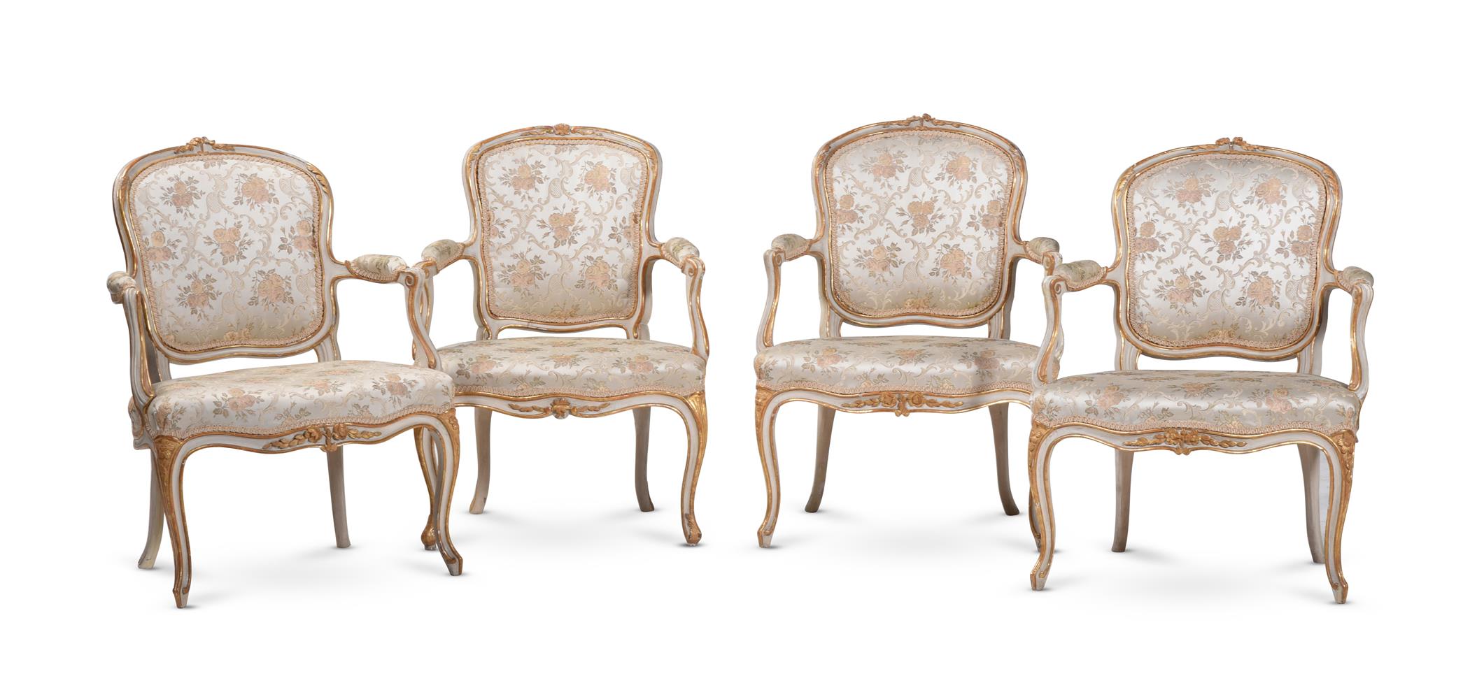 A SET OF THREE LOUIS XV PAINTED AND PARCEL GILT FAUTEUILS, THIRD QUARTER 18TH CENTURY