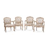 A SET OF THREE LOUIS XV PAINTED AND PARCEL GILT FAUTEUILS, THIRD QUARTER 18TH CENTURY