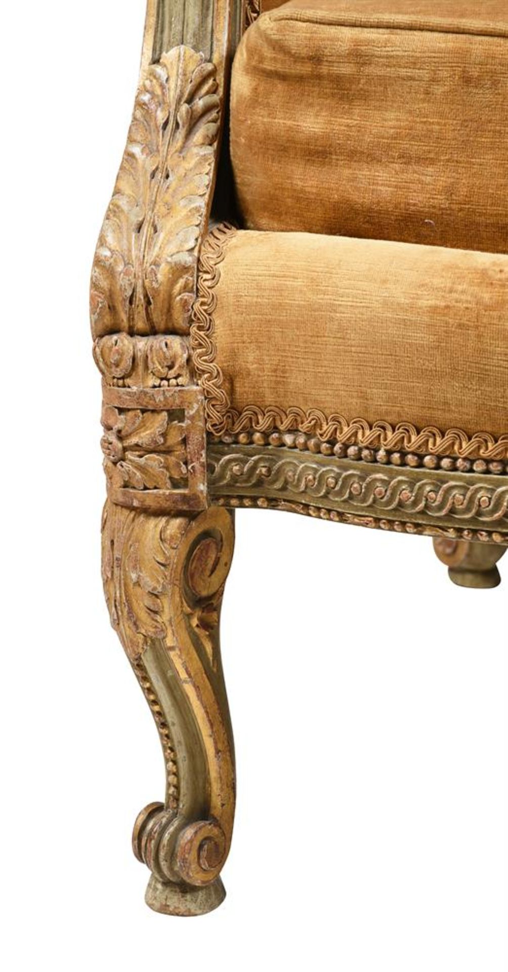 A LARGE PARCEL GILT, PAINTED AND UPHOLSTERED ARMCHAIR, IN THE MANNER OF GEORGES JACOB, 19TH CENTURY - Bild 4 aus 7