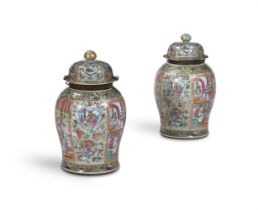 A LARGE PAIR OF CHINESE CANTON EXPORT FAMILLE VERTE TEMPLE JARS AND COVERS, LATE 19TH CENTURY