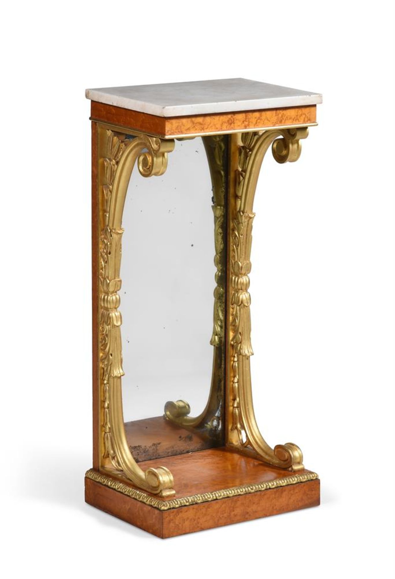 A GEORGE IV BIRD'S EYE MAPLE AND CARVED GILTWOOD CONSOLE OR HALL TABLE, CIRCA 1825