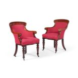 A PAIR OF WILLIAM IV MAHOGANY CURRICLE ARMCHAIRS, CIRCA 1835