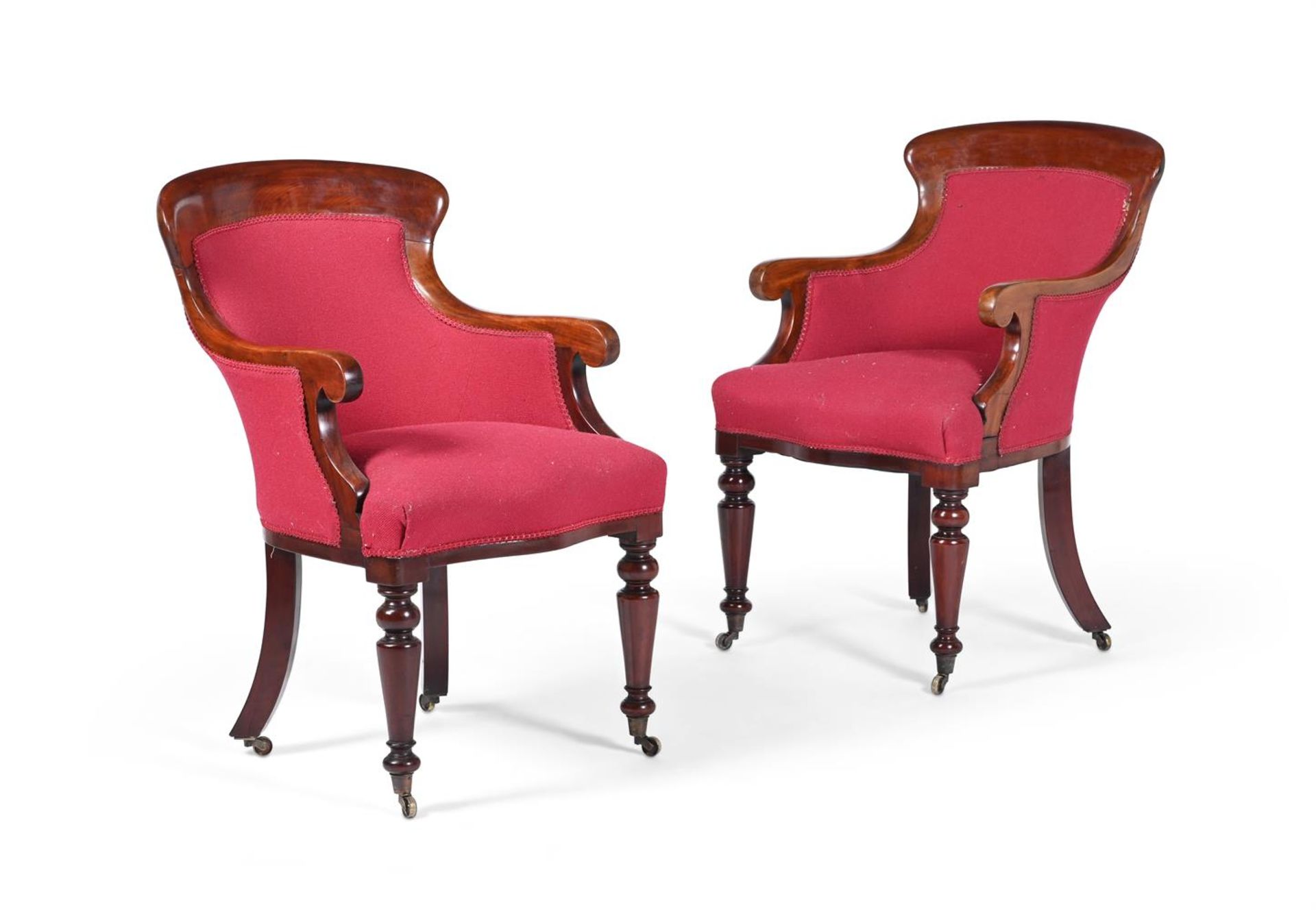A PAIR OF WILLIAM IV MAHOGANY CURRICLE ARMCHAIRS, CIRCA 1835