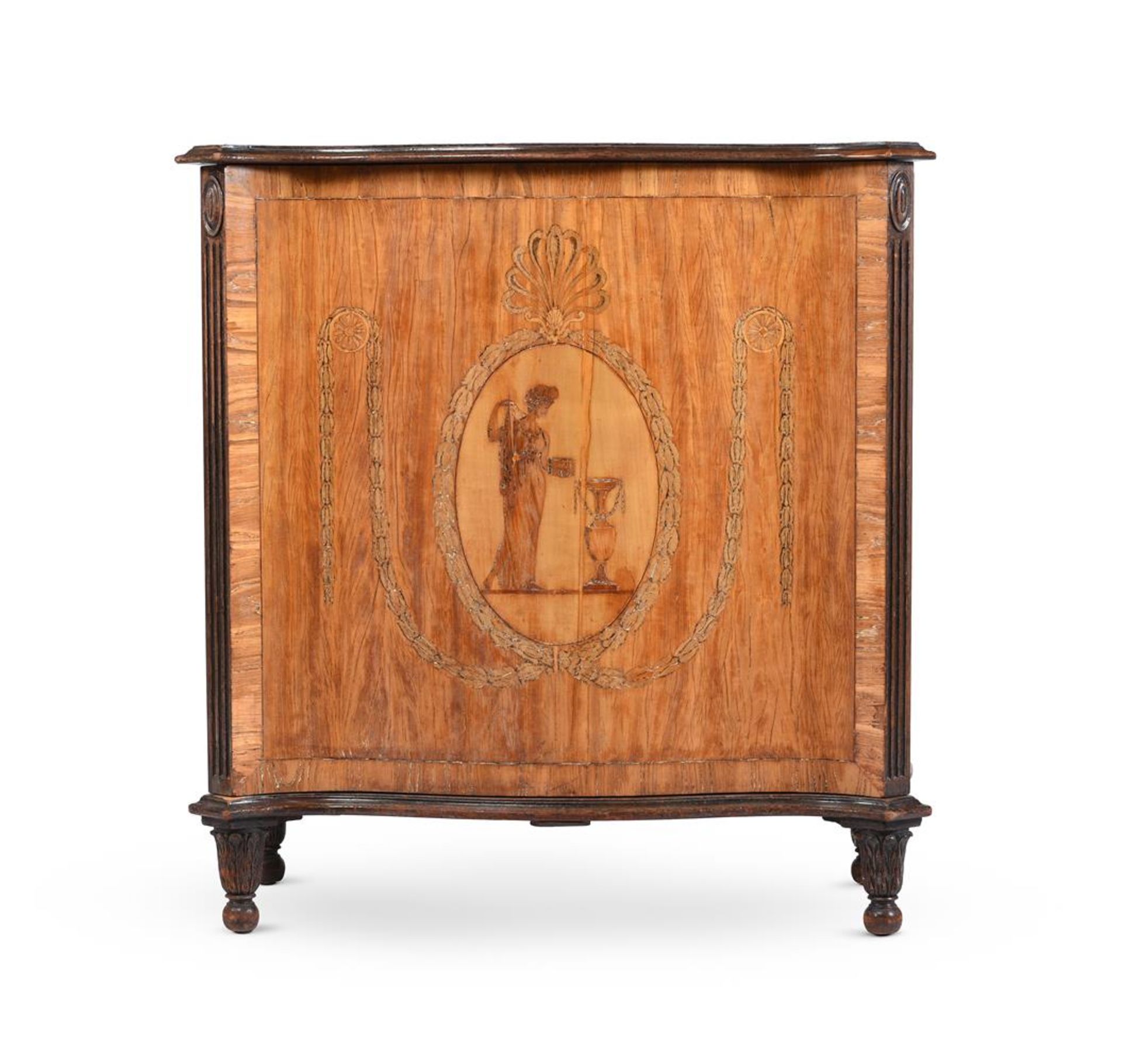 Y A GEORGE III SATINWOOD, TULIPWOOD AND MARQUETRY SERPENTINE SIDE CABINET