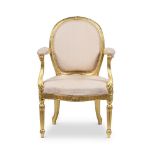 A GEORGE III CARVED GILTWOOD AND UPHOLSTERED ARMCHAIR, CIRCA 1770