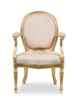 A GEORGE III CARVED GILTWOOD AND UPHOLSTERED ARMCHAIR, CIRCA 1770