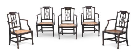 A SET OF FIVE GEORGE III PAINTED ARMCHAIRS, CIRCA 1800