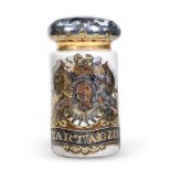 A LARGE ARMORIAL DECORATED GLASS SPECIE JAR AND COVER, 19TH CENTURY