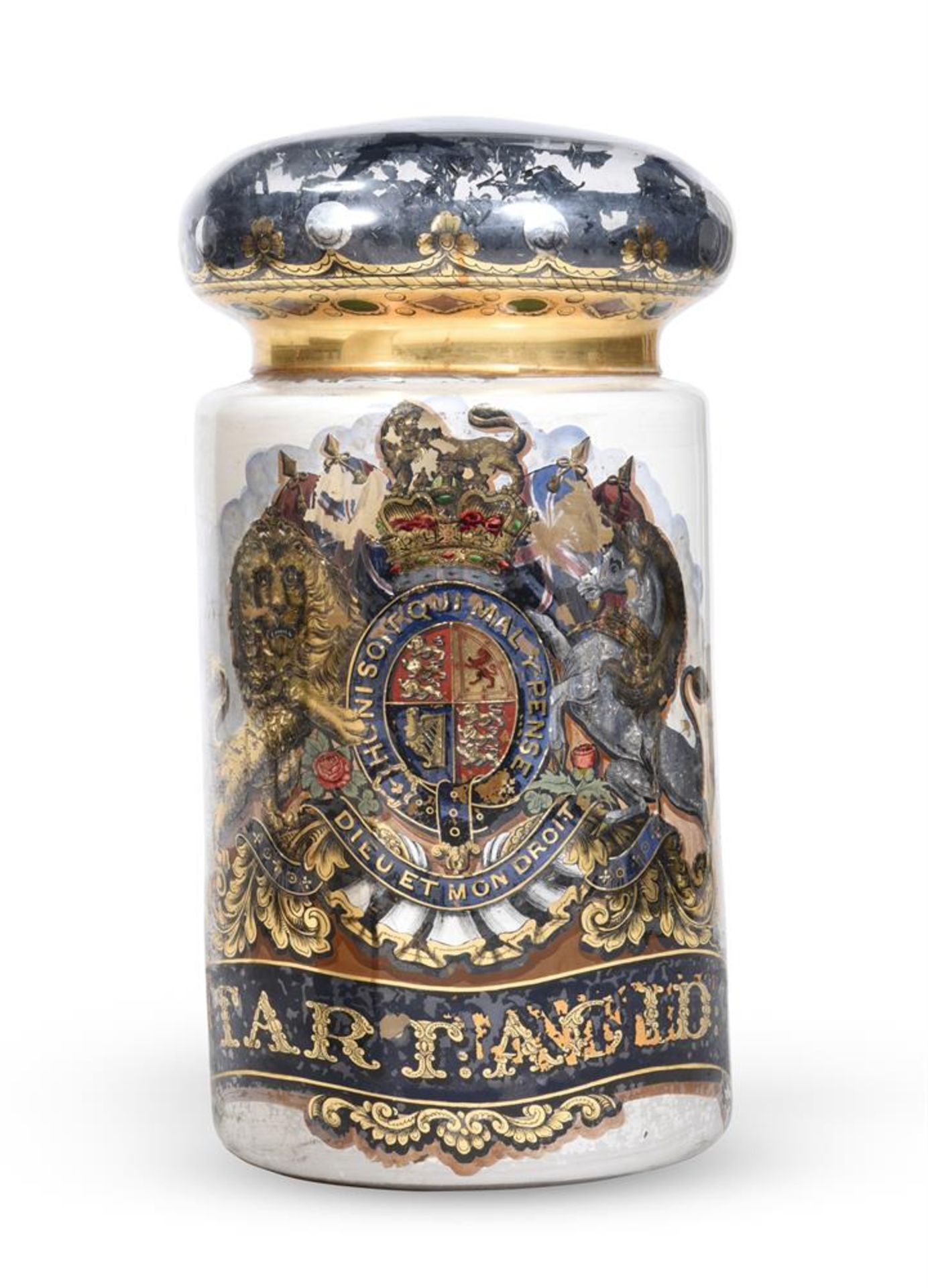 A LARGE ARMORIAL DECORATED GLASS SPECIE JAR AND COVER, 19TH CENTURY