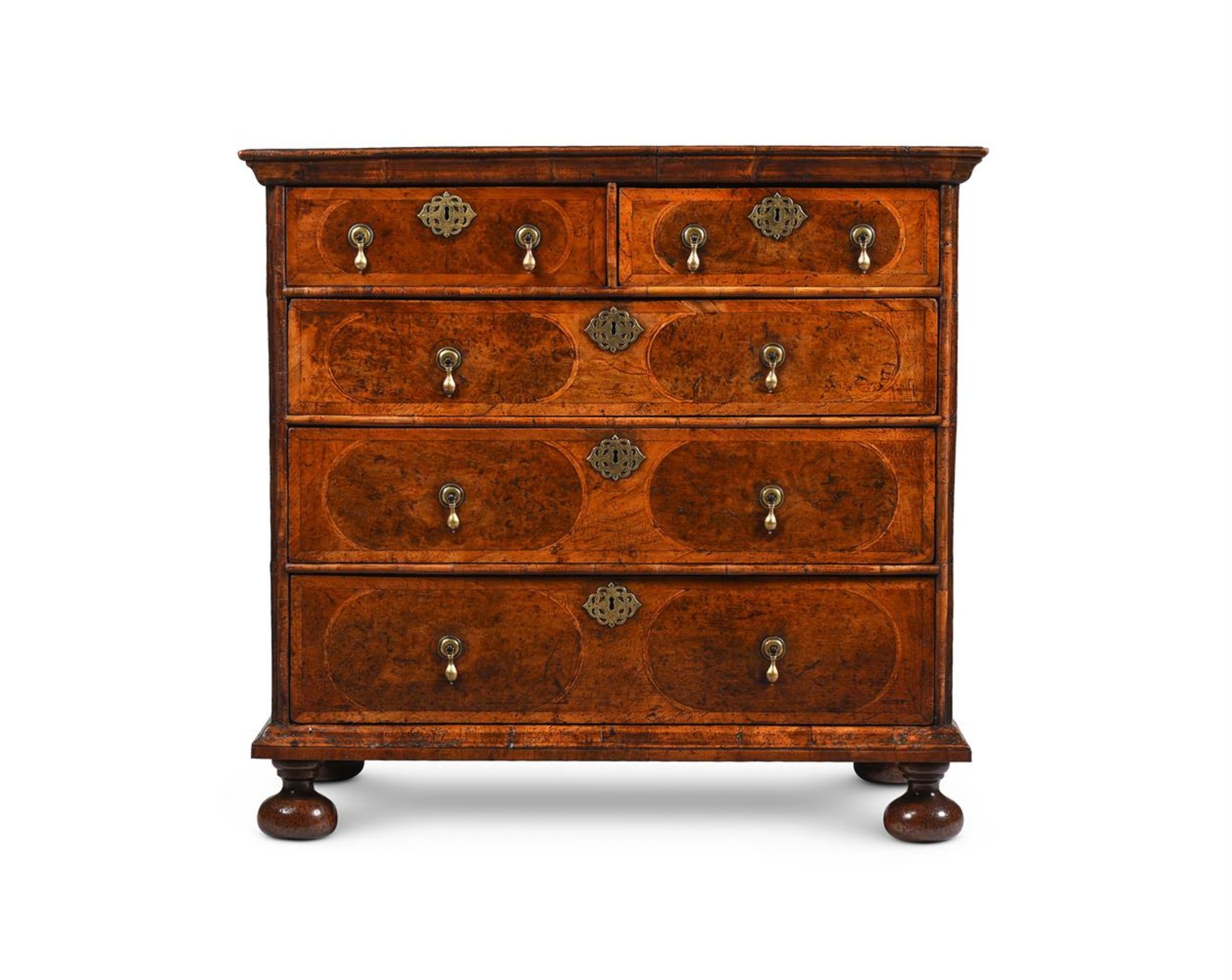 A WILLIAM & MARY BURR YEW, FIGURED WALNUT AND FEATHER BANDED CHEST OF DRAWERS, CIRCA 1690